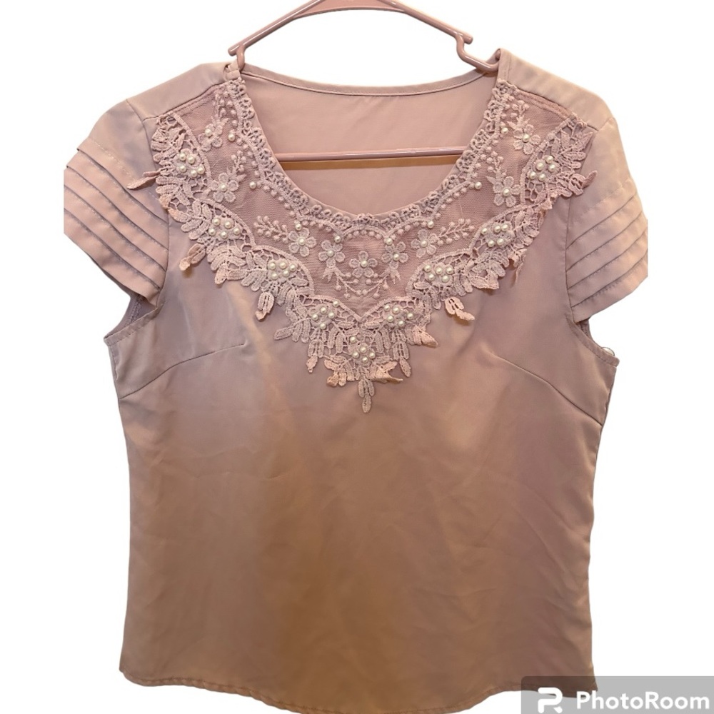 Pink Lace & Pearl Blouse